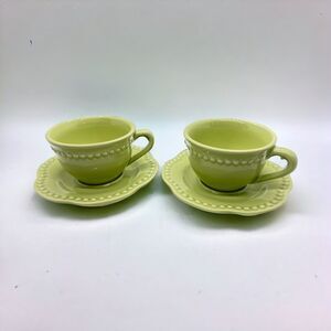 SET OF 2 POTTERY BARN EMMA GREEN BEADED CUP & SAUCER SETS PORTUGAL